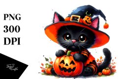 Simple Watercolor Cute Baby Black Cat Dressed for Halloween Product Image 1
