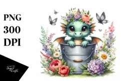 Cute Baby Dragon with Flowers PNG Product Image 1