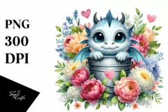 Cute Baby Dragon with Flowers PNG Product Image 1