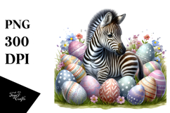 Adorned Baby Zebra with Easter Eggs, Digital Watercolor PNG Product Image 1