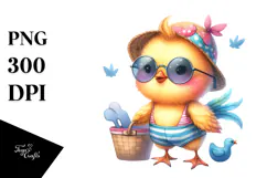 Cute Baby Chicken in Beachwear, Whimsical Watercolor PNG Product Image 1
