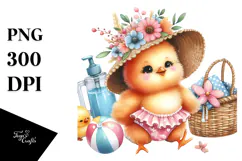 Cute Baby Chicken in Beachwear, Whimsical Watercolor PNG Product Image 1