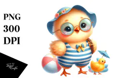 Cute Baby Chicken in Beachwear, Whimsical Watercolor PNG Product Image 1