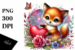 Watercolor Baby Fox with Heart PNG Product Image 1