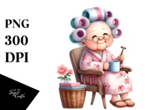 Old Lady Sitting on Chair with Mug | Clipart Product Image 1
