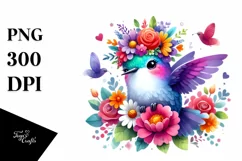 Cute Cartoon-Style Watercolor Hummingbird Sitting on Flower Product Image 3