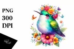 Cute Cartoon-Style Watercolor Hummingbird Sitting on Flower Product Image 1