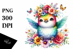 Cute Cartoon-Style Watercolor Hummingbird Sitting on Flower Product Image 1