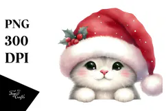 Watercolor Cat with Santa Hat, Transparent PNG Product Image 1