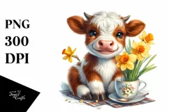 Smiling Highland Cow with Narcissus, PNG Product Image 1