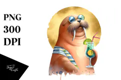 Watercolor Funky Walrus with Cocktail PNG Product Image 1