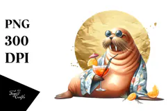 Watercolor Funky Walrus with Cocktail PNG Product Image 1