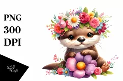 Cute Cartoon Style Watercolor Otter Flower Crown Product Image 3
