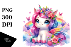 Cute Baby Unicorn with Floral Wreath PNG Product Image 1