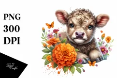 Cute Highland Cow with Marigold Floral Ornament | Product Image 3