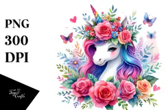 Cute Unicorn with Floral Wreath PNG Product Image 1