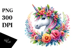Cute Unicorn with Floral Wreath PNG Product Image 1