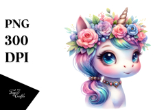 Cute Baby Unicorn with Floral Wreath PNG Product Image 1