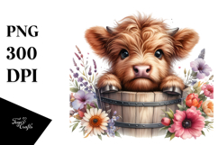 Adorable Highland Cow with Flowers PNG Product Image 1