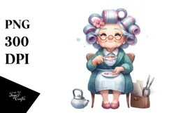 Watercolor Character Sitting on Chair with Tea Cup | Clipart Product Image 1