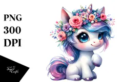 Cute Unicorn with Floral Wreath PNG Product Image 1
