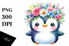 Cute Cartoon Style Watercolor Penguin Flower Crown Product Image 1