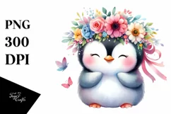 Cute Cartoon Style Watercolor Penguin Flower Crown Product Image 1