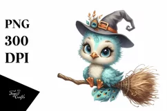 Funny Baby Peacock on Witch Broom | Sublimation | Clipart Product Image 1
