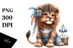 Adorned Baby Lion in Beachwear, Digital Watercolor PNG Product Image 1