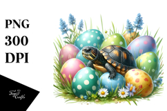 Baby Turtle with Easter Eggs, Digital Watercolor PNG Product Image 1
