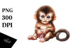 Baby Monkey with Big Eyes, Digital Watercolor PNG Product Image 1