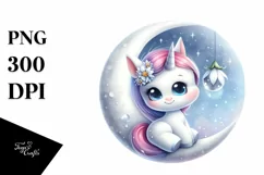 Smiling Baby Unicorn with Snowdrop on Moon | Sublimation | Product Image 3