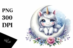 Smiling Baby Unicorn with Snowdrop on Moon | Sublimation | Product Image 1