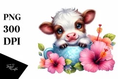 Cute Highland Cow with Hibiscus | Sublimation | Clipart Product Image 1