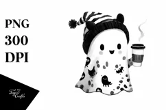 Cute Ghost Wearing Animal Print Holding Coffee PNG Product Image 3