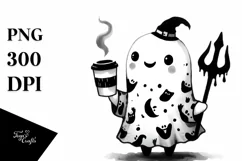 Cute Ghost Wearing Animal Print Holding Coffee PNG Product Image 3