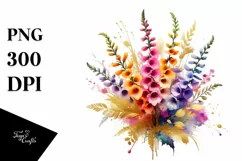 Vibrant Bouquet with Colorfull Foxglove | Gold Foil Clipart Product Image 1