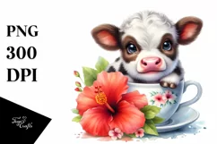 Cute Highland Cow with Hibiscus | Sublimation | Clipart Product Image 1