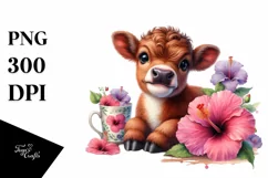 Cute Highland Cow with Hibiscus | Sublimation | Clipart Product Image 3