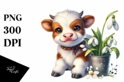 Cute Baby Highland Cow with Snowdrop | Clipart Product Image 3