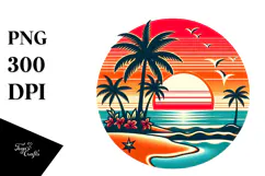 Retro Tropical Beach Sunset, Clipart PNG Product Image 1