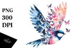 Colorful Bird Painting with Butterfly Silhouettes, PNG Product Image 1