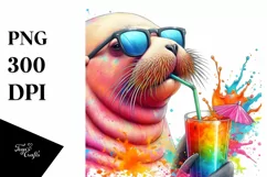 Quirky Walrus Sipping with Straw | Sublimation | PNG Clipart Product Image 1