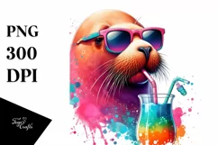 Quirky Walrus Sipping with Straw | Sublimation | PNG Clipart Product Image 1