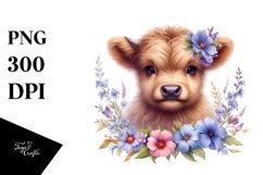 Cute Baby Highland Cow with Flowers | Clipart Product Image 1