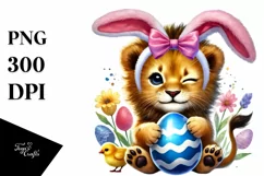 colorful Baby Lion Holding Easter Egg PNG Product Image 1