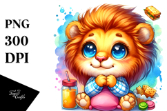 Baby Lion Dreaming of Snacks, Vibrant Watercolor PNG Product Image 1