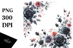 Watercolor Vibrant with Small Black Roses | Clipart Product Image 1