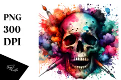Colorful Skull Painting with Splashes, PNG Product Image 1