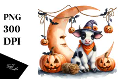 Cow Dressed for Halloween on Half Moon PNG Product Image 1